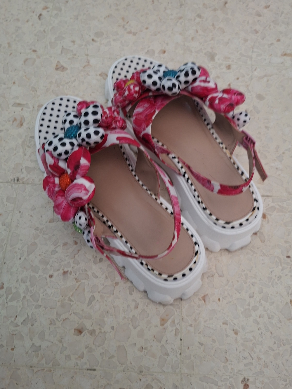 Betsey Johnson Pink Floral Platform Sandals with Polka Dot Bow